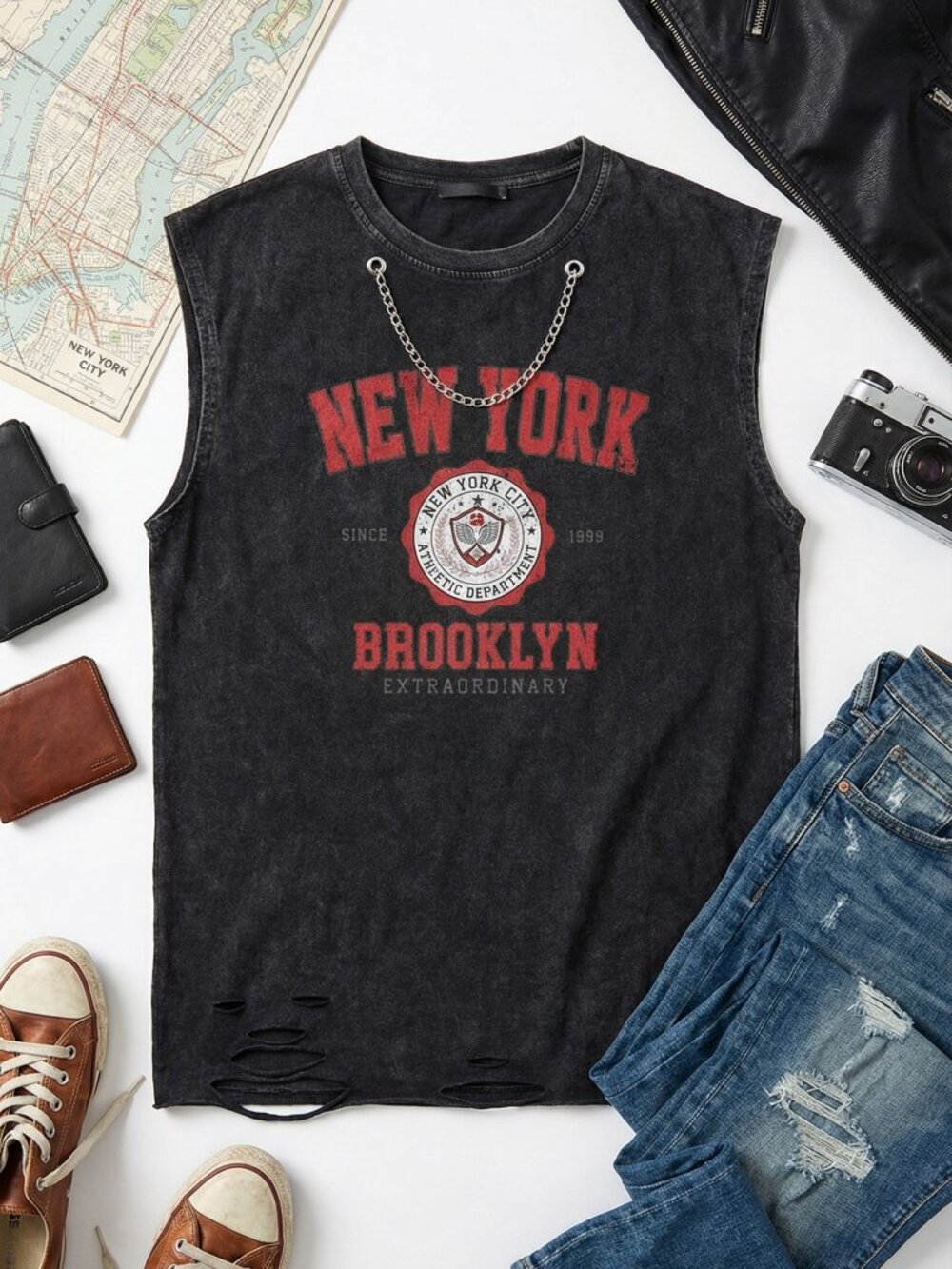 Distressed “New York Brooklyn” Tee w/ Removable Chain One Size